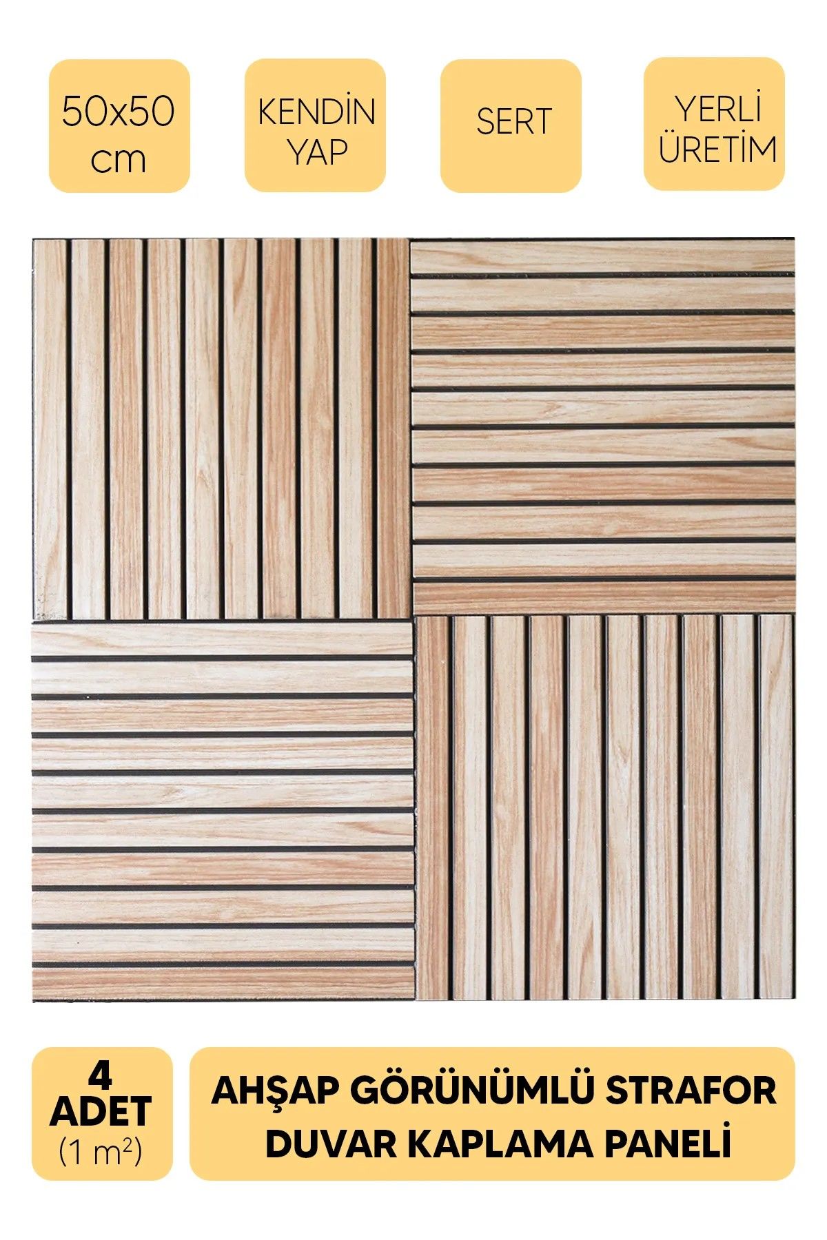 DEKORATİF AHŞAP DESENLİ STRAFOR DUVAR KAPLAMA PANELİ 50x50cm ( 4 ADET-1m2 )